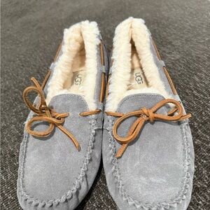 UGG Light Gray Suede Moccasins with Tan Laces